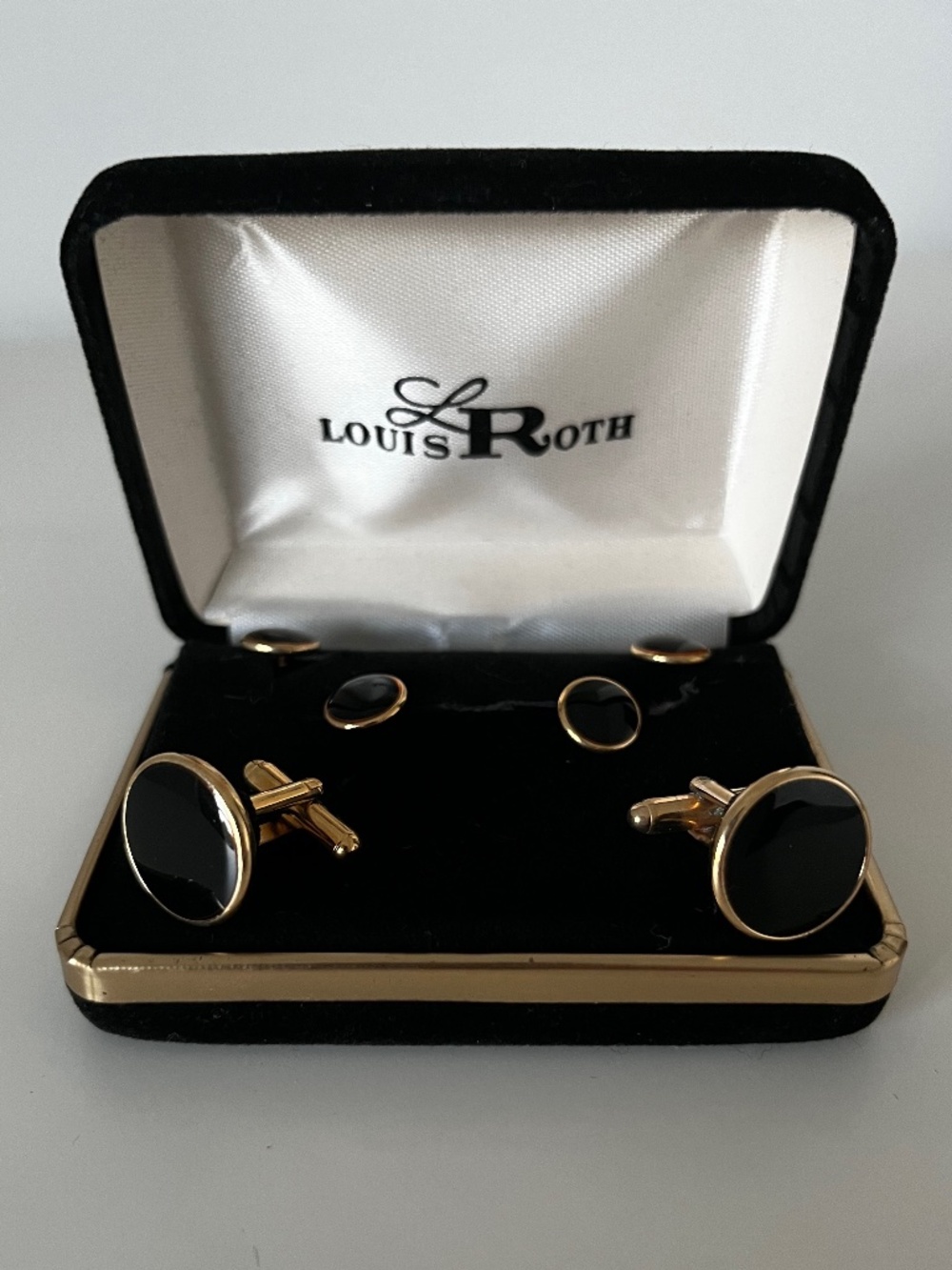 Louis Roth Black & Gold Tone Round Cuff Links with Button Set